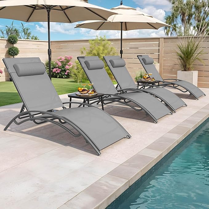 DWVO Outdoor Chaise Lounge Chair Set, 3-Piece Patio Lounge Chairs with Coffee Table & 5-Position Adjustable Backrests, Headrest, Armrest, Sunbathing Recliners for Poolside, Backyard, Navy