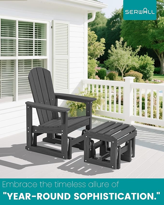 SERWALL Outdoor Glider Chair Set of 4 with Ottoman, HDPE Wood-Like Patio Glider Set All-Weather Porch Glider for Outside - Photo 7