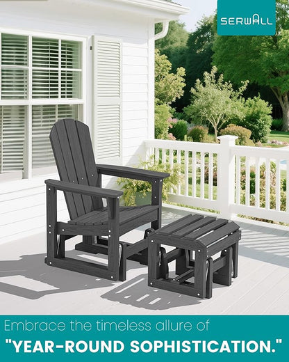 SERWALL Outdoor Glider Chair Set of 4 with Ottoman, HDPE Wood-Like Patio Glider Set All-Weather Porch Glider for Outside, Gray