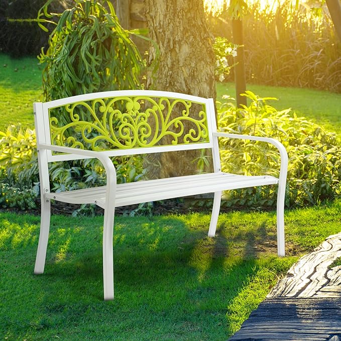 50 Inch Metal Garden Bench for Outdoor Patio, Powder Coated Steel Bench with PVC Backrest & Armrests, Rust-Resistant Park Bench for Yard, Pathway, or Deck – Supports 400 lbs (White + Green)