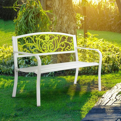 VINGLI Outdoor Bench for Patio Metal Garden Bench w/PVC Back Pattern, Black Park Benches Front Porch Benches for Yard Lawn Decor Deck Entryway (White&Green)