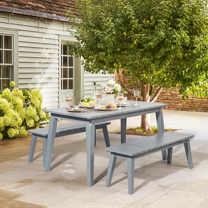 VINGLI Outdoor Wooden Bench, 45” 2-Person Backless Dining Bench, Weatherproof Outdoor Patio Bench for Porch Entryway Garden (1, Gray)