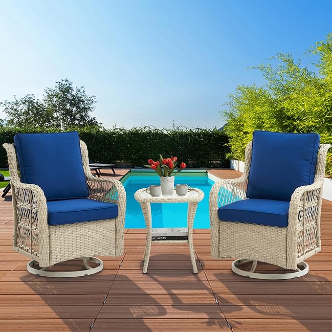 GAOMON 3 Piece Outdoor Patio Set, Wicker Rocking Bistro Set with 2 Swivel Chairs & Tempered Glass Top Table - Photo 3