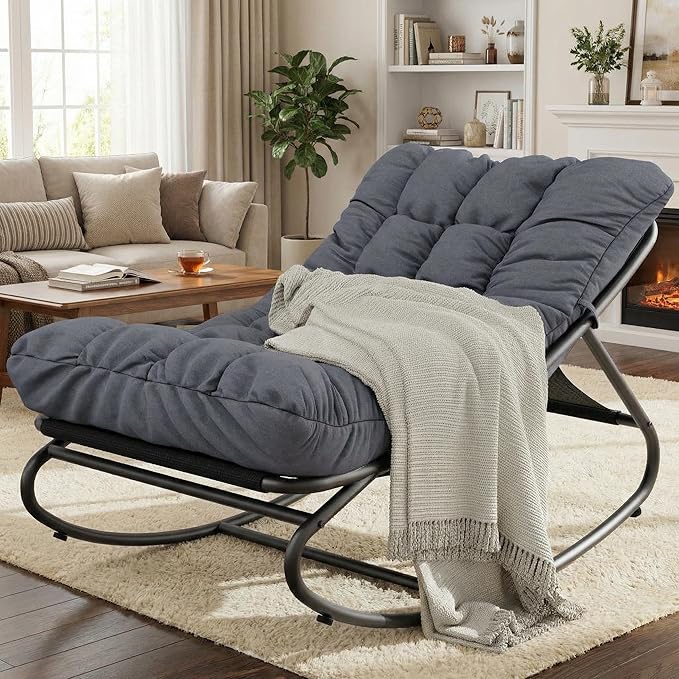 GarveeLife Outdoor Rocking Chair with Cushion, Metal Frame Patio Glider Chair with Oxford Fabric Seat, Thick Padded Lounge Rocker for Garden, Porch, Balcony & Backyard – Gray