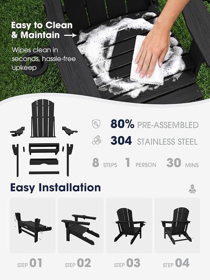 KINGYES Folding Adjustable Adirondack Chair with Retractable Ottoman, HDPE Recliner Adirondack Chair with Cup Holder, Black