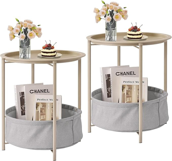 VECELO Round Side/End Table with Fabric Storage Basket，Metal Anti-Rust and Waterproof Small Bedside Nightstand with - Photo 1