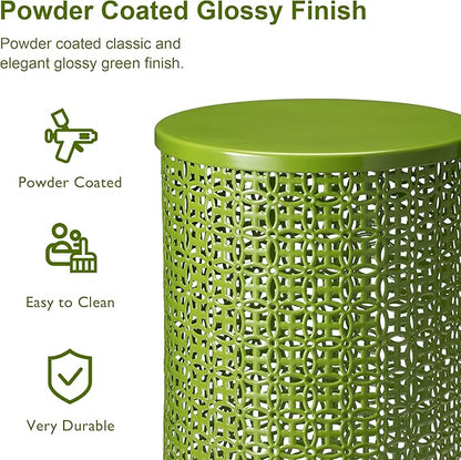 Glitzhome Outdoor Side Table Set of 2, Decorative Garden Stool for Patio Heavy Duty Metal Frame Accent Table Modern End Table, Glossy Green