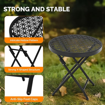 VINGLI Patio Folding Side Table, Small Outdoor Table with Everlasting Floral Pattern and Sturdy X-Shaped Metal Frame Ideal for Indoor & Outdoor Balcony, Porch, Backyard, Deck, Black, 1 Pack