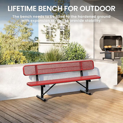 8 Feet Steel Park Bench for Outside, Outdoor Bench with Backrest & Portable Frame, Commercial Benches for Shopping Malls, Stores, Parks, Patios, Decks, Red