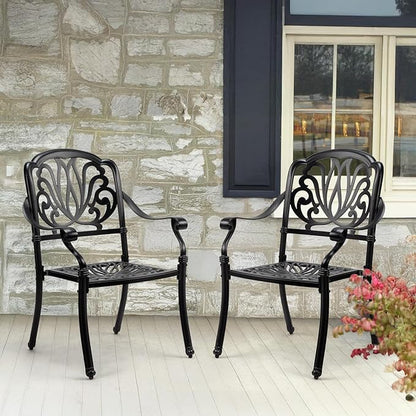 VINGLI Patio Chairs Set of 2 - Stackable Outdoor Cast Aluminum Dining Chairs with Vintage Black Finish and Floral Pattern, Metal Armchairs for Poolside, Backyard, Balcony (No Cushion)
