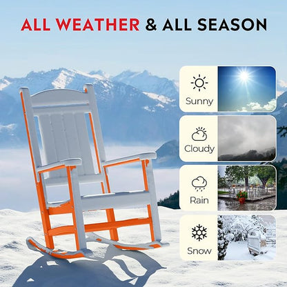 Costaelm Oversized Outdoor Rocking Chair, High Back Porch Rocker Chair, HDPE All Weather Resistant Outdoor Seating Furniture Wide Rocker Chair for Patio, Lawn, Garden, Orange