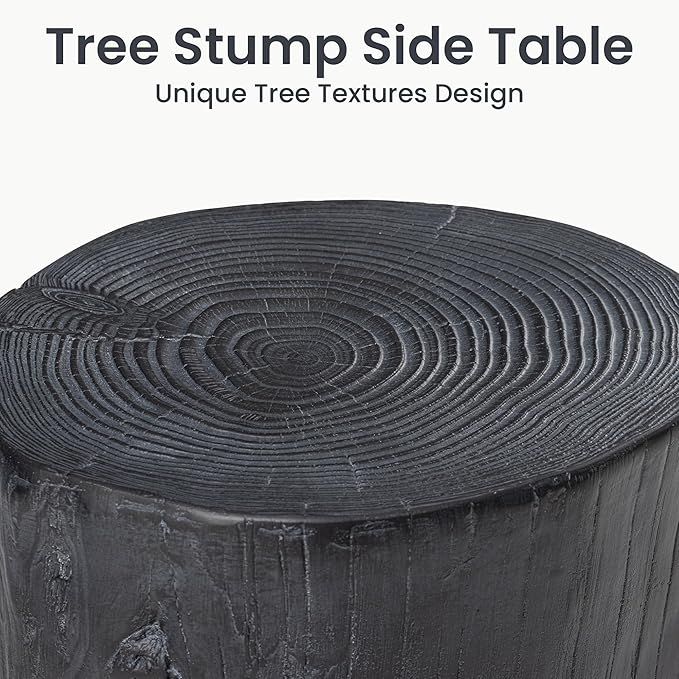 HOMPUS Concrete Outdoor Side Table, Tree Stump Modern Round Accent Table, Planter Stand Faux Wood End Garden Stool for Patio, Home Decor, Living Room, Black