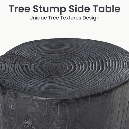 HOMPUS Concrete Outdoor Side Table, Tree Stump Modern Round Accent Table, Planter Stand Faux Wood End Garden Stool for Patio, Home Decor, Living Room, Black