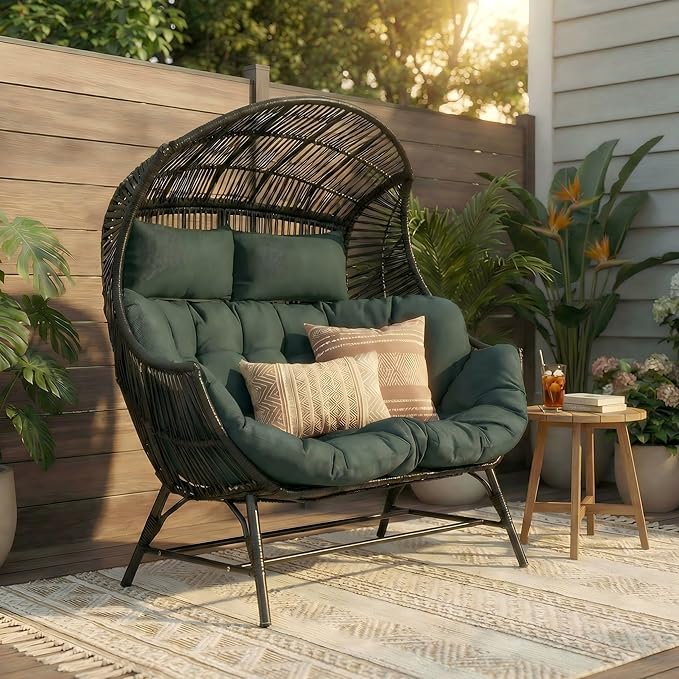 IRONCK 2 Person Egg Chair Indoor Outdoor, Double Lounge Chair, Update Frame, Cushions and Headrests, 700 lbs Egg Loveseat for Garden, Porch, Living Room, Dark Green