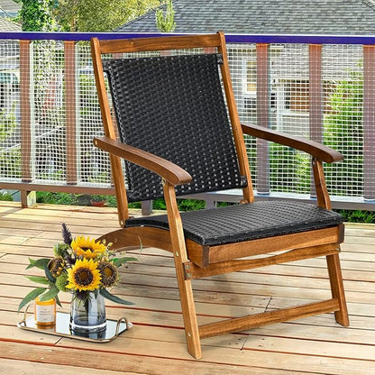 COSTWAY Patio Folding Rattan Lounge Chair, Acacia Solid Wood Frame, Low Deck Chair with Convenient Retractable Footrest, 24” x 51.5” x 32.5”