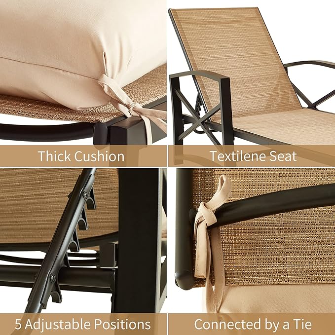 PatioFestival Patio Lounge Chair Cushioned Chaise Lounger Outdoor with Adjustable Back 3.1" Thickness Long Cushion All Weather Frame(Khaki)