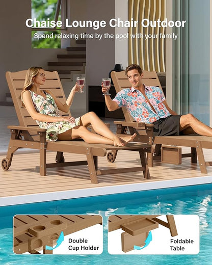 YEFU Chaise Lounge Chair Outdoor,Pool Lounge Chair with Adjustable Backrest,All Weather Resin Patio Lounge Chair with Cup Holder&Armrest,for Outside,Beach,Deck,Heavy Duty,400lbs Capacity(Teak)