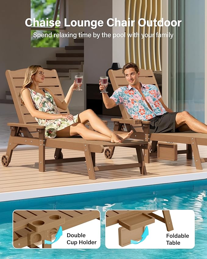 YEFU Chaise Lounge Chairs Set of 2 Outdoor,Pool Lounge Chair with Adjustable Backrest,All Weather Patio Lounge Chair with Cup Holder&Armrest,for Outside,Beach,Deck,Heavy Duty,400lbs Capacity(Teak)