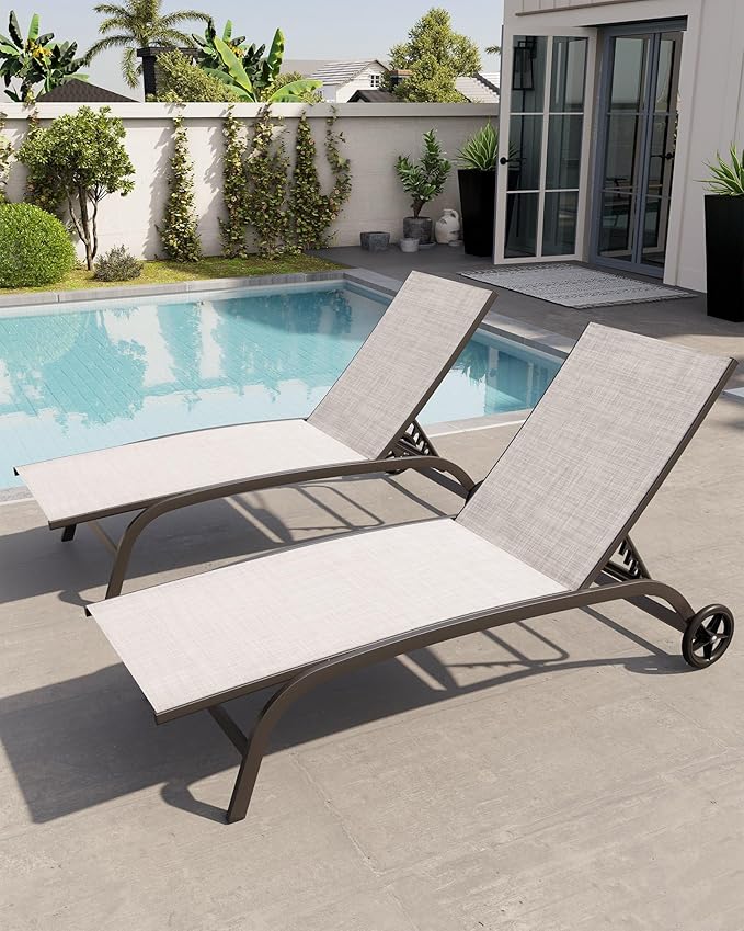 Crestlive Products Outdoor Chaise Lounge Chairs with Wheels Set of 2, Pool Lounge Chairs with 5 Adjustable Position for Patio, Poolside, Yard, Beige