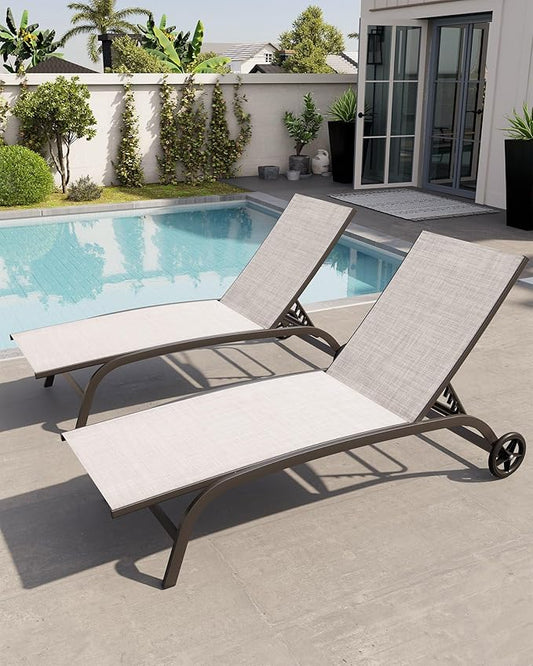 Crestlive Products Outdoor Chaise Lounge Chairs with Wheels Set of 2, Pool Lounge Chairs with 5 Adjustable Position for Patio, Poolside, Yard, Beige