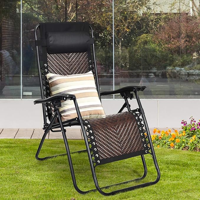 Tangkula Patio Rattan Zero Gravity Lounge Chair, Outdoor Folding Lounge Chair w/Removable Head Pillow, Adjustable Lounge with Widened Armrest & Locking System for Balcony Yard Poolside (2, Coffee)