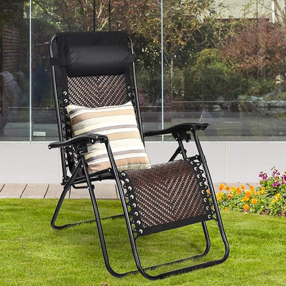 Tangkula Patio Rattan Zero Gravity Lounge Chair, Outdoor Folding Lounge Chair w/Removable Head Pillow, Adjustable Lounge with Widened Armrest & Locking System for Balcony Yard Poolside (2, Coffee)