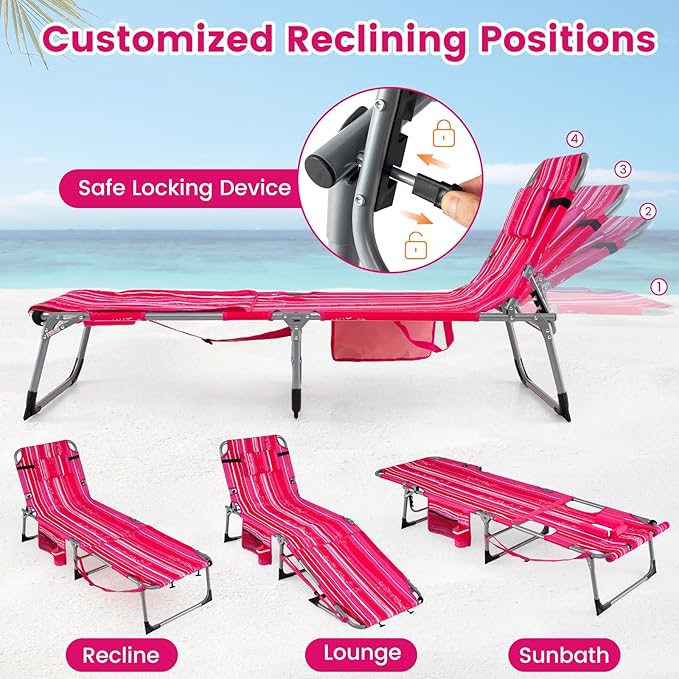 COSTWAY Tanning Chair with Face Hole, Folding Sun Bathing Lounge Chair with Armrest, Side Pocket & Protective Flap - Photo 4