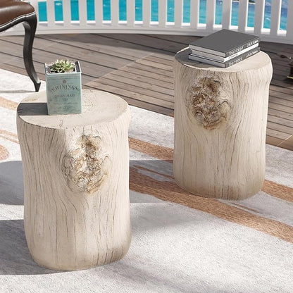 SUNBURY Outdoor Side Table Set of 2, Tree Stump Side Table Antique Beige Colored Faux Wood, End Table Wood Stump Stool, Ottoman or Plant Stand, Deck or Garden