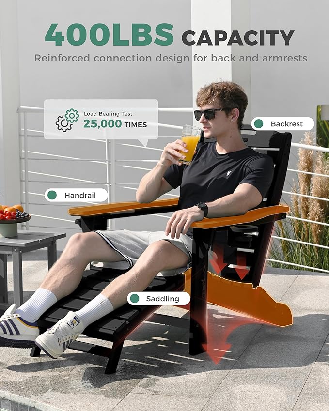 Folding Adirondack Chair with Retractable Ottoman Weather Resistant Fire Pit Chair Patio Chair with 2 Cup Holder Lawn - Photo 6
