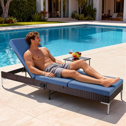 HOMREST Outdoor Chaise Lounge Chair, Patio Wicker Lounge Chair with Pneumatic Adjustable Backrest, Rattan Pool Sunbathing Recliner Suitable for Outside with Removable Cushion (Navy Blue)