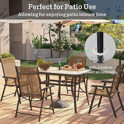 SDHYL 47-Inch Outdoor Dining Table with Tempered Glass Top – Patio Table with Umbrella Hole, Heavy Duty Steel Frame, Weather-Resistant Brown Finish for Garden, Poolside & Backyard
