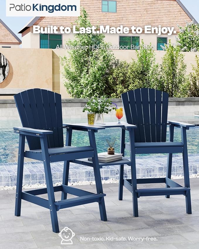 Tall Adirondack Chairs Set of 2 with Removable Tray, HDPE Bar Height Adirondack Bar Stools, High Back Patio Chairs for Balcony, Deck, Lawn, Backyard, All-Weather Outdoor Furniture, Navy Blue