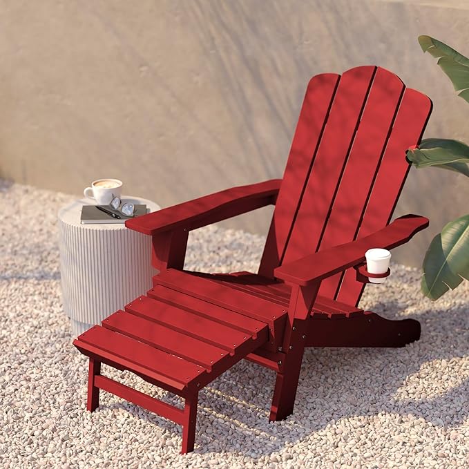 Flash Furniture Newport Poly Resin Adirondack Chair with Cup Holder and Pull Out Ottoman, All-Weather Poly Resin Indoor/Outdoor Lounge Chair, Red