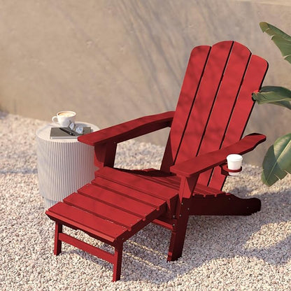 Flash Furniture Newport Poly Resin Adirondack Chair with Cup Holder and Pull Out Ottoman, All-Weather Poly Resin Indoor/Outdoor Lounge Chair, Red