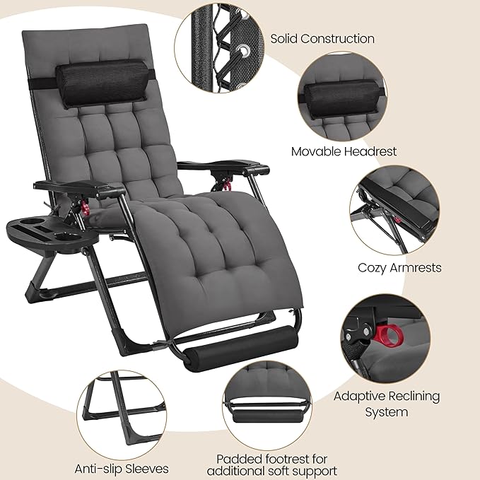Yaheetech 26" Zero Gravity Chair Folding Reclining Lounge Recliner with Removable Pad & Headrest & Side Cup Holder Tray for Indoor and Outdoor Dark Gray/1