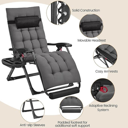 Yaheetech 26" Zero Gravity Chair Folding Reclining Lounge Recliner with Removable Pad & Headrest & Side Cup Holder Tray for Indoor and Outdoor Dark Gray/1