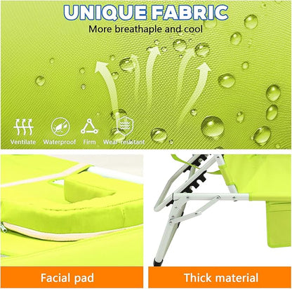 3-in-1 Heavy Duty Tanning Chair with Face Hole Adjustable 5-Position Folding Chaise Lounge Chairs Portable Lay Flat Beach Lounge Chair for Outdoor Sunbathing Patio Pool Lawn Camping Deck (Green)