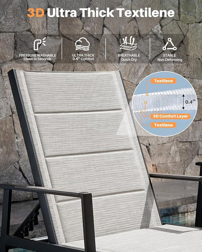 3-Piece Outdoor Chaise Lounge Set, Never-Rust Aluminum Patio Lounge Chairs with Side Table, Double-Layer Textilene Pool Lounge Chairs, Adjustable Backrest Sunbathing Loungers for Beach, Garden