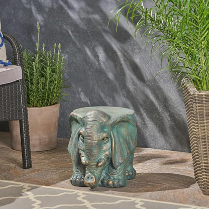 Garden Stool, Plant Stool or Elephant Table for Garden, Front Porch, Patio, Outside, Indoor, Lightweight Concrete, Weather-Resistant, Distressed Gold Patina Finish, No Assembly (Elephant)