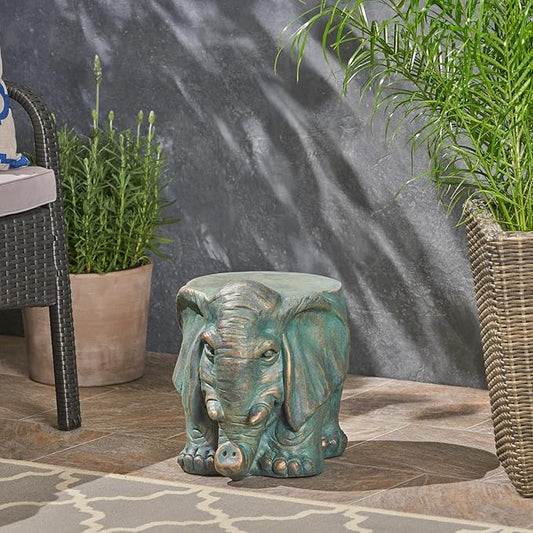 Garden Stool, Plant Stool or Elephant Table for Garden, Front Porch, Patio, Outside, Indoor, Lightweight Concrete, Weather-Resistant, Distressed Gold Patina Finish, No Assembly (Elephant)