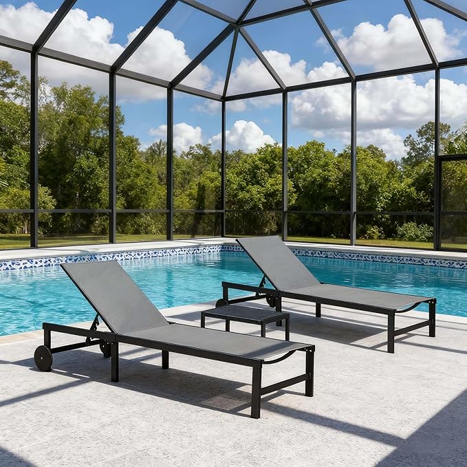 PURPLE LEAF Outdoor Chaise Lounge Chairs Set Recliner Aluminum Adjustable Chair with Wheels and Table for Poolside Beach Patio Reclining Sunbathing Lounger, Grey