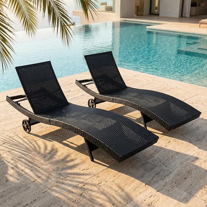 OVENTA Outdoor Wicker Patio Chaise Lounge Chair with Wheels Set of 2, Black Rattan Pool Furniture Lounger for Outside Poolside Lounges, Jumbo Co Chaise Lounge Chairs, Wicker Patio Pool Furniture