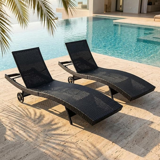 OVENTA Outdoor Wicker Patio Chaise Lounge Chair with Wheels Set of 2, Black Rattan Pool Furniture Lounger for Outside Poolside Lounges, Jumbo Co Chaise Lounge Chairs, Wicker Patio Pool Furniture