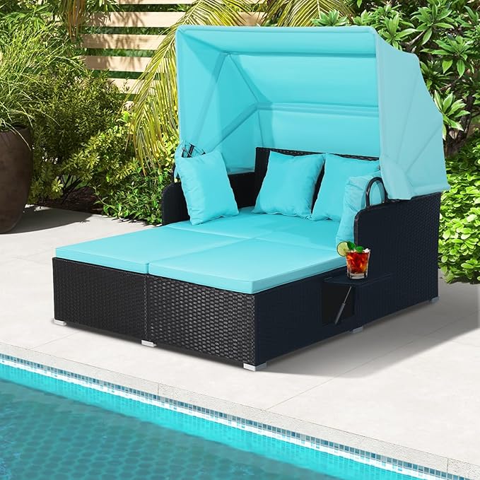 ORALNER Outdoor Daybed, 2-Person Wicker Patio Sofa with Retractable Canopy, Cushions & Pillows, 2 Side Trays - Photo 1