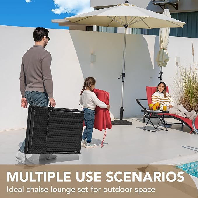 Devoko Patio Chaise Lounge Sets Outdoor Rattan Adjustable Back 3 Pieces Cushioned Patio Folding Chaise Lounge with - Photo 6