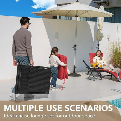 Devoko Patio Chaise Lounge Sets Outdoor Rattan Adjustable Back 3 Pieces Cushioned Patio Folding Chaise Lounge with Folding Table (Red)