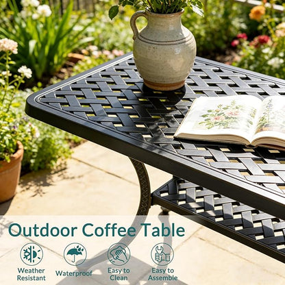 MEETWARM Outdoor Cast Aluminum Coffee Table, 42" Rectangle Patio Coffee Table with 2-Tier Storage Shelf, All-Weather Heavy Duty Patio Side Table for Outside Poolside Deck Garden & Indoor, Dark Bronze