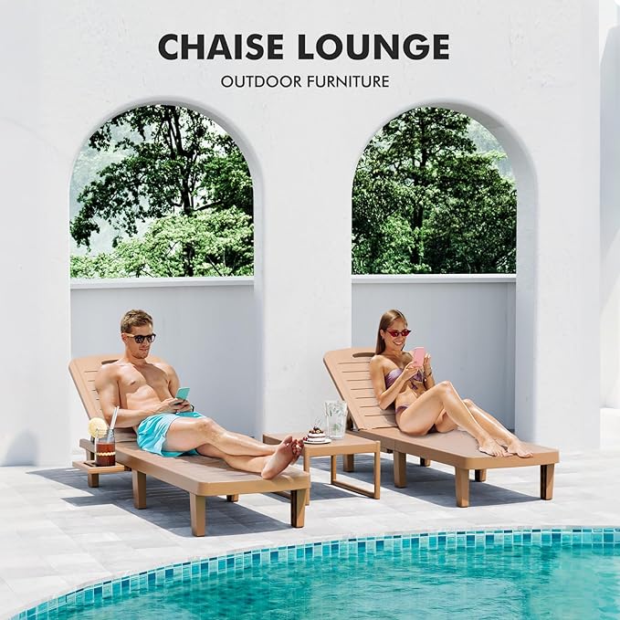 WACASA Outdoor Chaise Lounge Chairs Set of 2, Oversized Lounge Chairs with 5-Level Adjustable Backrest & Cup Holder, Resin Waterproof Pool Lounge Chair for Poolside, Patio, Beach, Yard, Brown