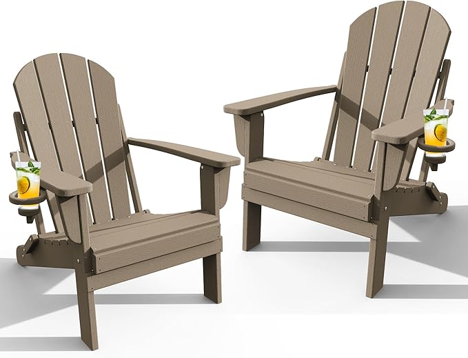 Adirondack Chair with Cup Holder Set of 2, Folding HDPE Patio Chairs, Outdoor Plastic Fire Pit Chair, Wood Texture, Lawn Chairs for Deck, Porch, Backyard, Garden, Weathered Wood