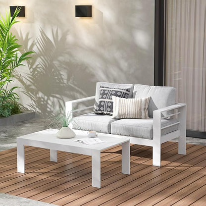 Modern Aluminum Outdoor Coffee Table, All-Weather Metal Rectangle Table for Patio, Balcony or Garden, White
